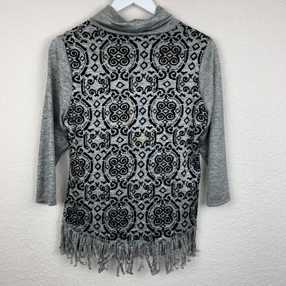 Ruby Rd Shirt Womens Small Petite Gray Black Cowl Neck Fringe Flocked Mosaic - Picture 3 of 8